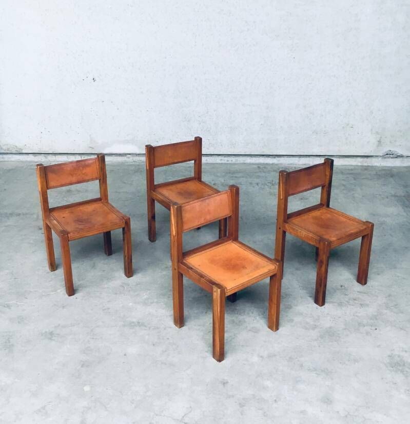 photo for sale Elm & Cognac Leather Dining Room Chairs Set In The Manner Of Pierre Chapo, Italy 1960s