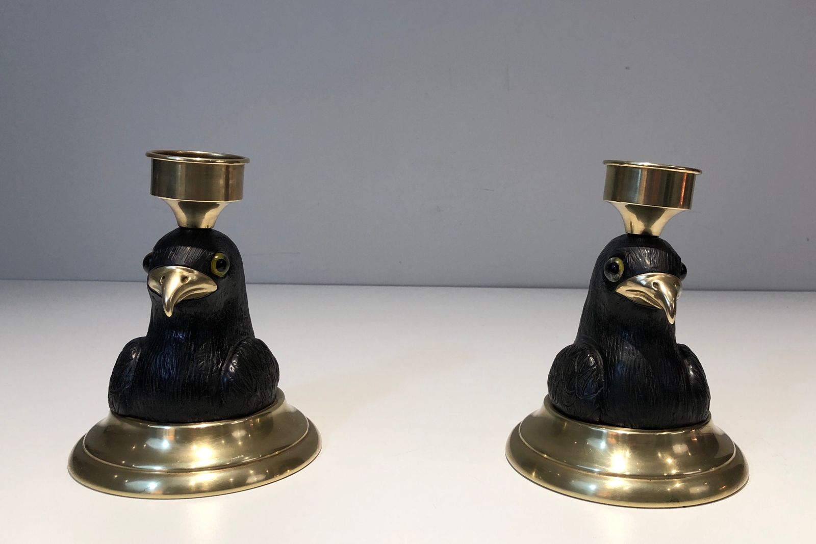 Pair Of Candlesticks Representing Eagles In Carved Wood, Brass Beaks And Glass Eyes Stamped Houy Pouiga photo for sale