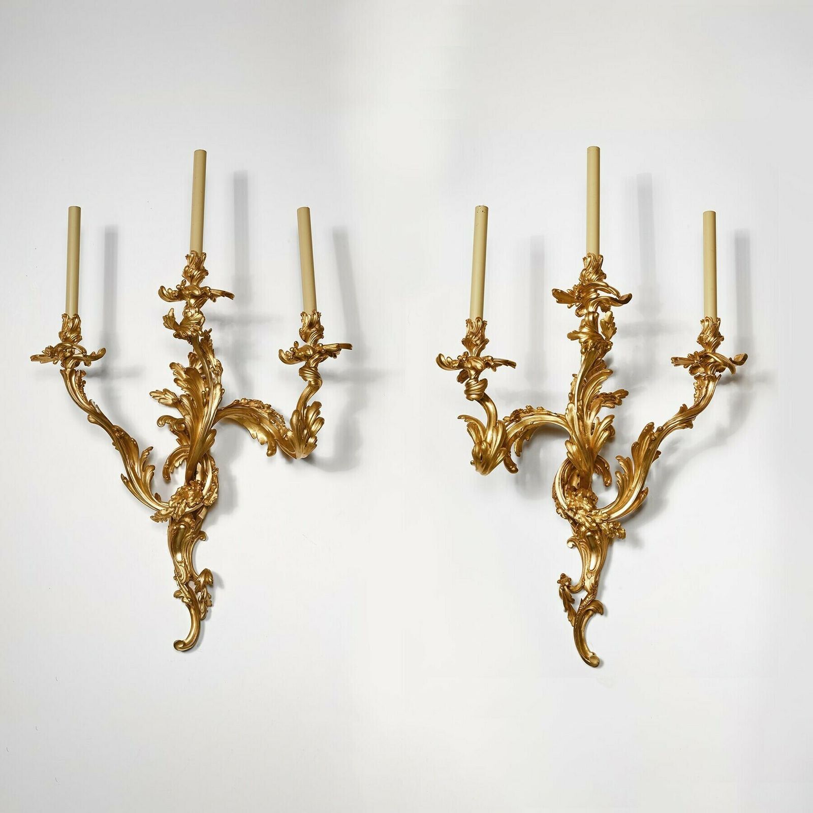 Exceptional Pair Of Large 19th Century French Three Branch Ormolu Wall Lights Or Appliqués
