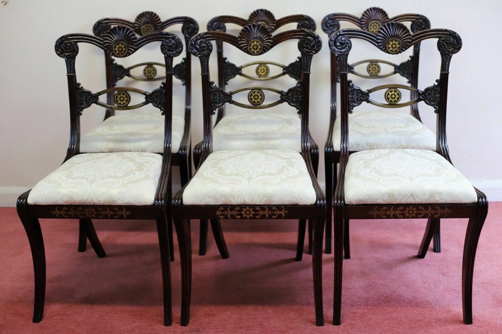 Beautiful Set Of Six Regency Rosewood And Brass Inlaid Dining Chairs