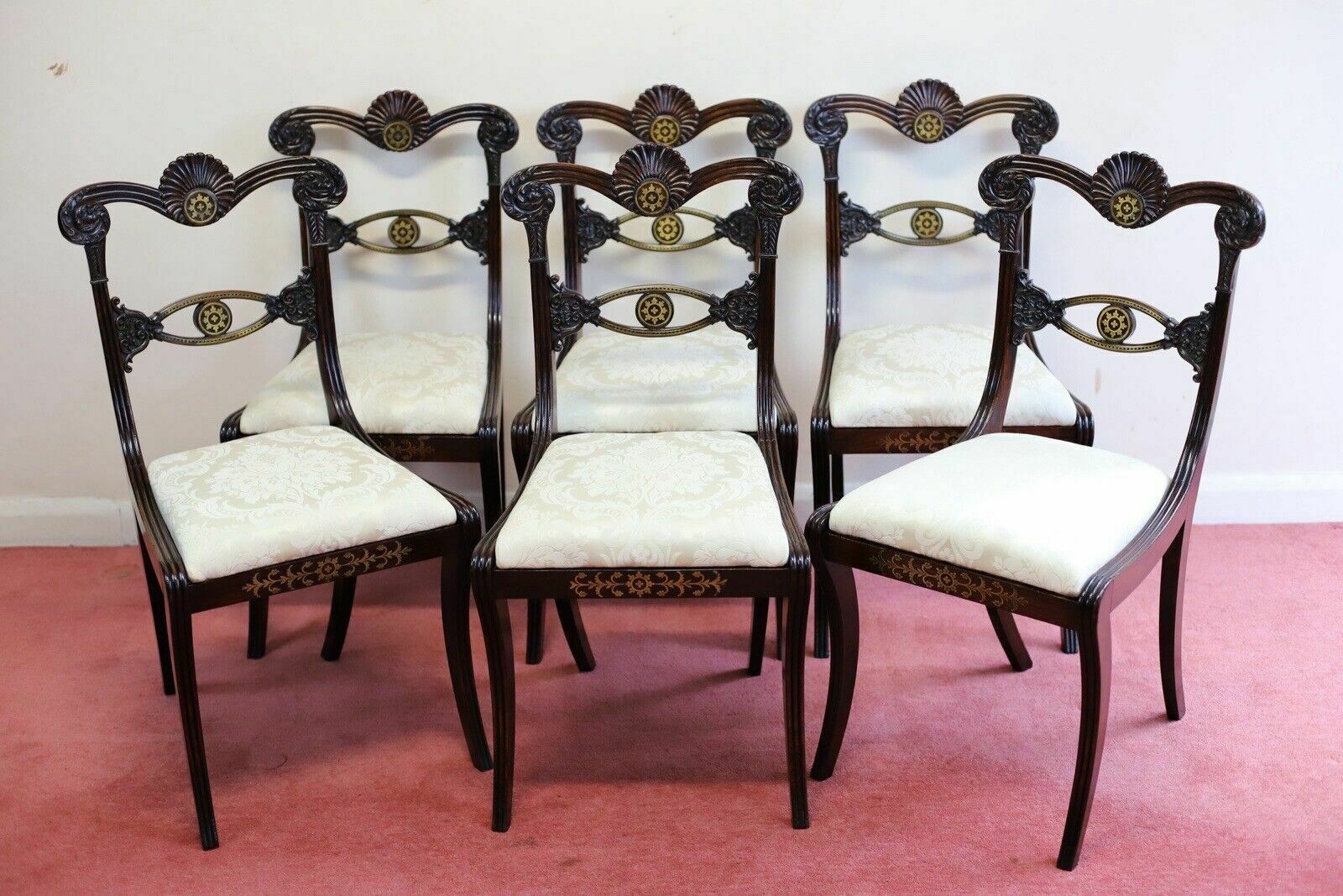 Beautiful Set Of Six Regency Rosewood And Brass Inlaid Dining Chairs photo for sale