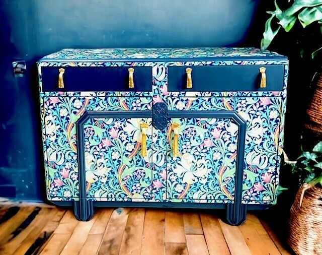 Furniture Upcycled, Vintage, Art Deco , 1950s Sideboard, Tv Unit , William Morris Print , Living Room, Dining Room Storage. photo
