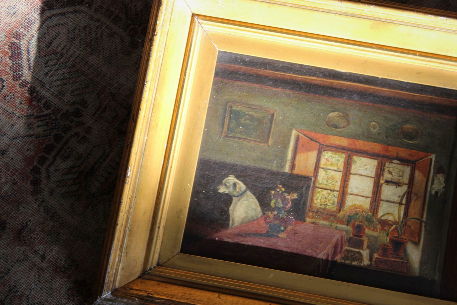 19th C Folk Art J.Wheatley Jones Oil On Board Dog & Interior "Inferno" 1887 photo furniture