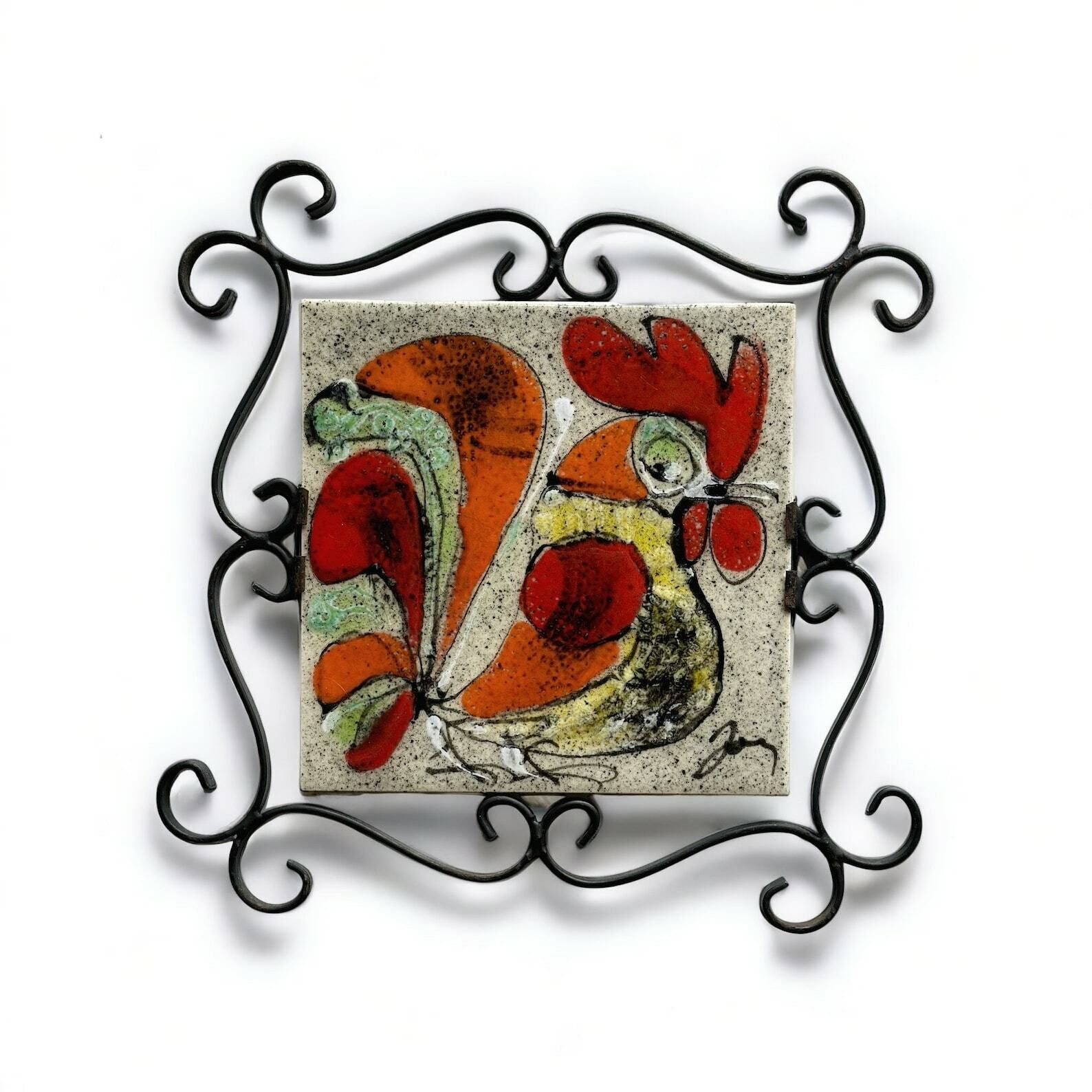 Delassus Fourmaintraux Desvres French Earthenware Tile Trivet 1960s 70s With Wrought Iron Frame