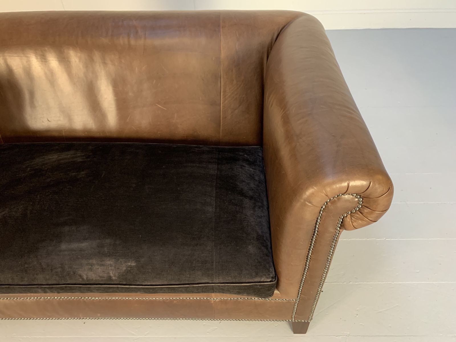 photo for sale Ralph Lauren “Brompton” 2.5 Seat Chesterfield Sofa – In Brown Leather & Velvet
