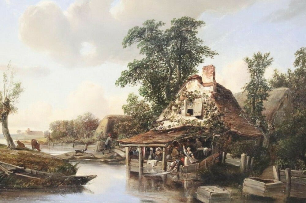 C19th Oil Painting On Canvas Showing Women Washing Laundry photo furniture