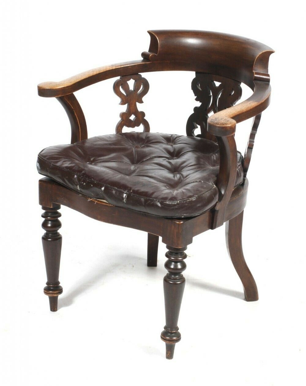 C19th Walnut Office Armchair With Oil Cloth Swab Cushion
