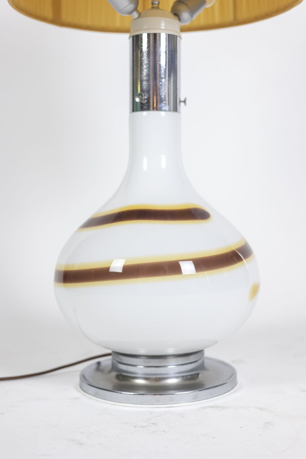 White Glass Lamp Decorated With A Brown And Yellow Spiral, 1970s photo for sale