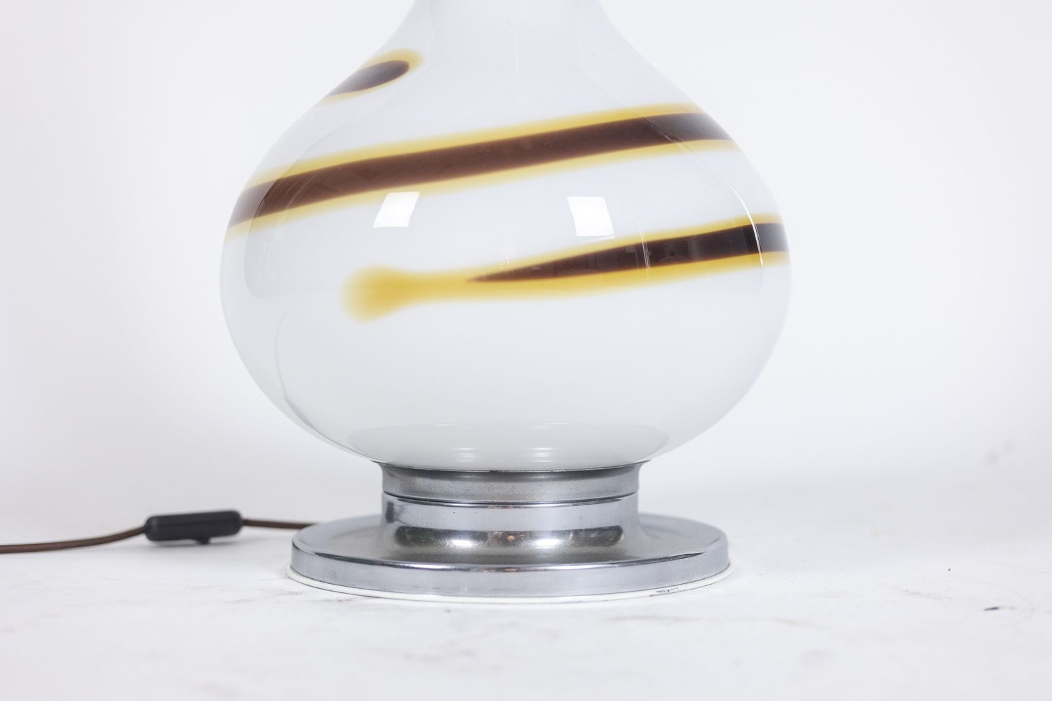 White Glass Lamp Decorated With A Brown And Yellow Spiral, 1970s photo Lighting