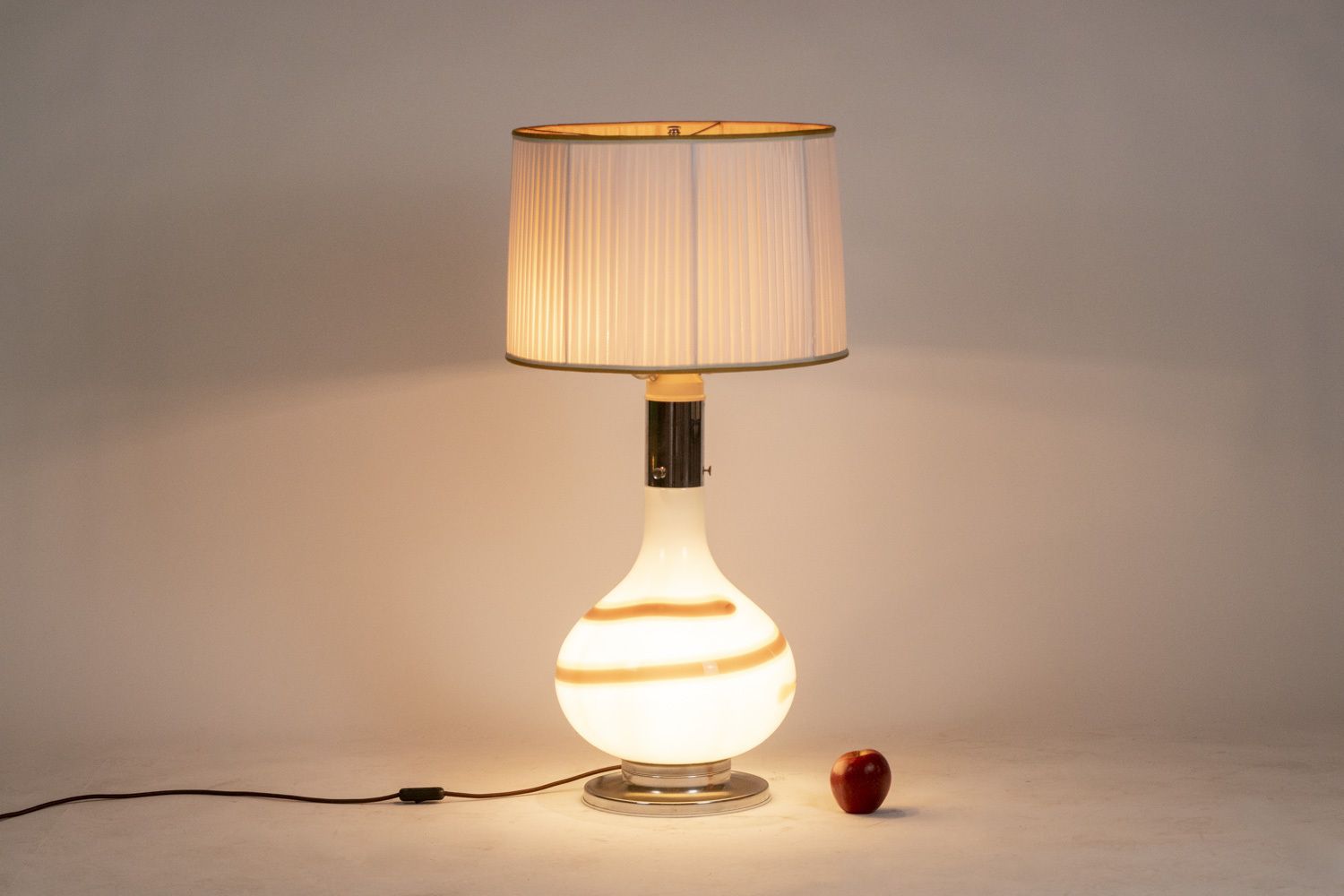 White Glass Lamp Decorated With A Brown And Yellow Spiral, 1970s photo vinterior