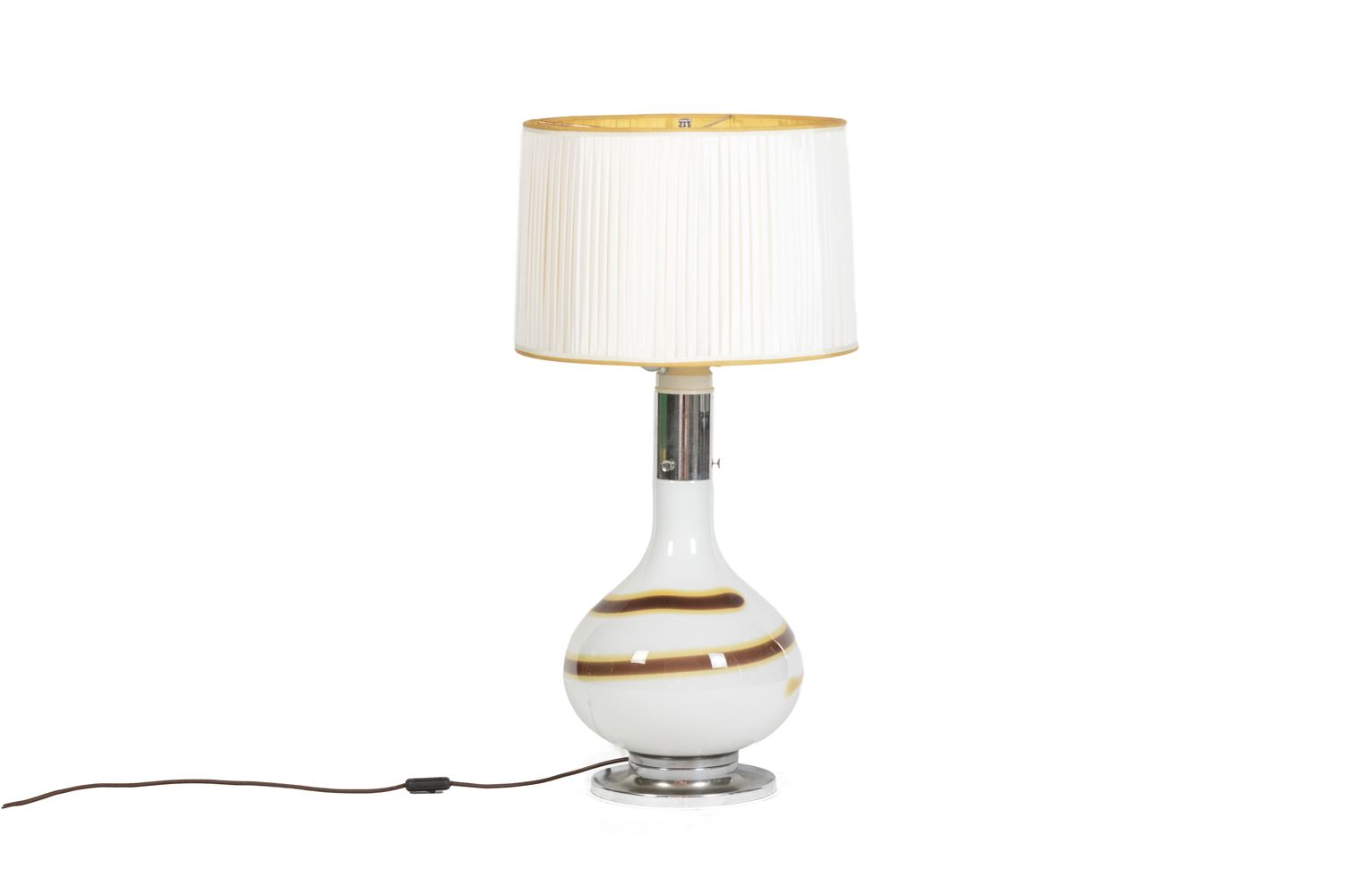White Glass Lamp Decorated With A Brown And Yellow Spiral, 1970s photo furniture