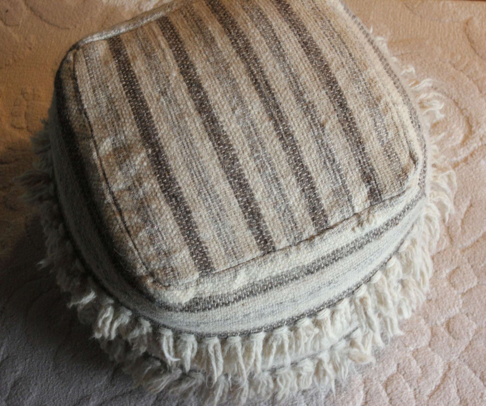 Beige Wool Pouf With Tassels, Square Ottoman, Foot Chair Comfortable Living Room Furniture photo for sale