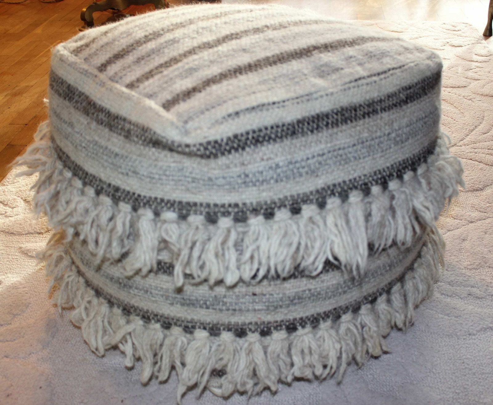 Beige Wool Pouf With Tassels, Square Ottoman, Foot Chair Comfortable Living Room Furniture photo vinterior