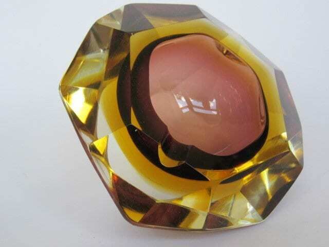 Murano Sommerso Brown Amber Mandruzzato 6 Facet Cut Geometric Art Glass Bowl