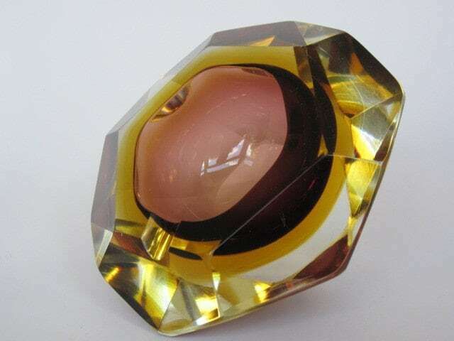 photo furniture Murano Sommerso Brown Amber Mandruzzato 6 Facet Cut Geometric Art Glass Bowl