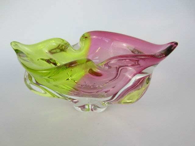 Heavy Mid Century Green Pink Colourful Twisted Czech Sommerso Rib Glass Bowl 60s photo Home Decor