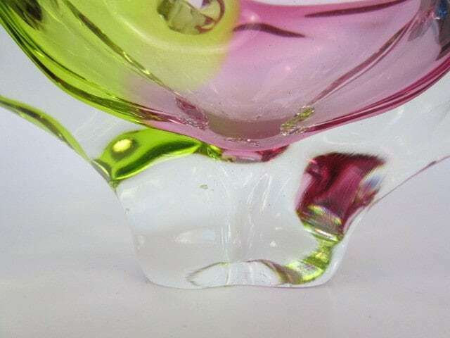 Heavy Mid Century Green Pink Colourful Twisted Czech Sommerso Rib Glass Bowl 60s photo vintage