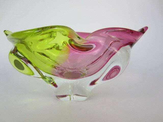 photo for sale Heavy Mid Century Green Pink Colourful Twisted Czech Sommerso Rib Glass Bowl 60s
