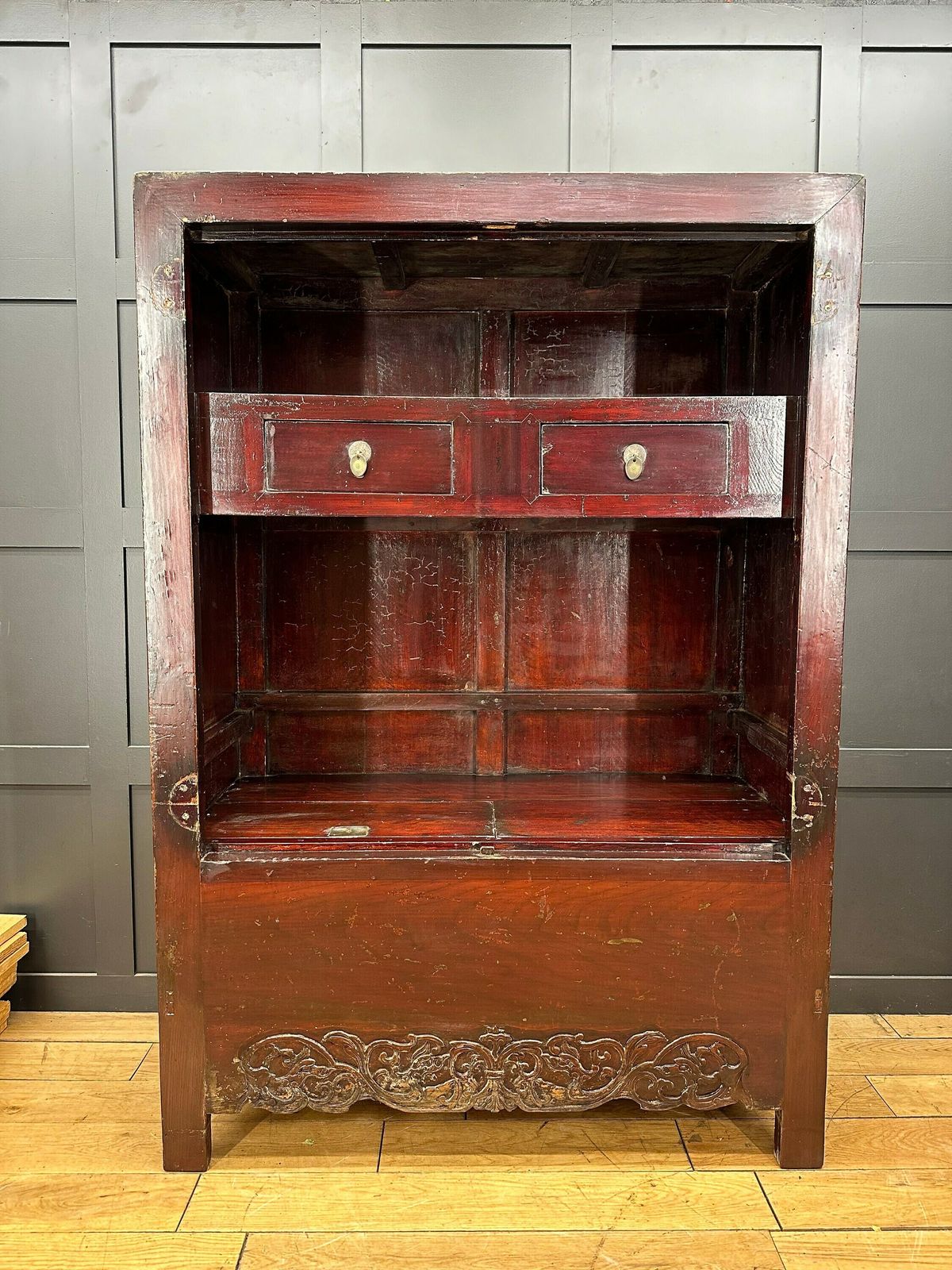 Antique Chinese Open Cabinet   Antique Display   Red Wedding Cabinet   Bookcase photo for sale