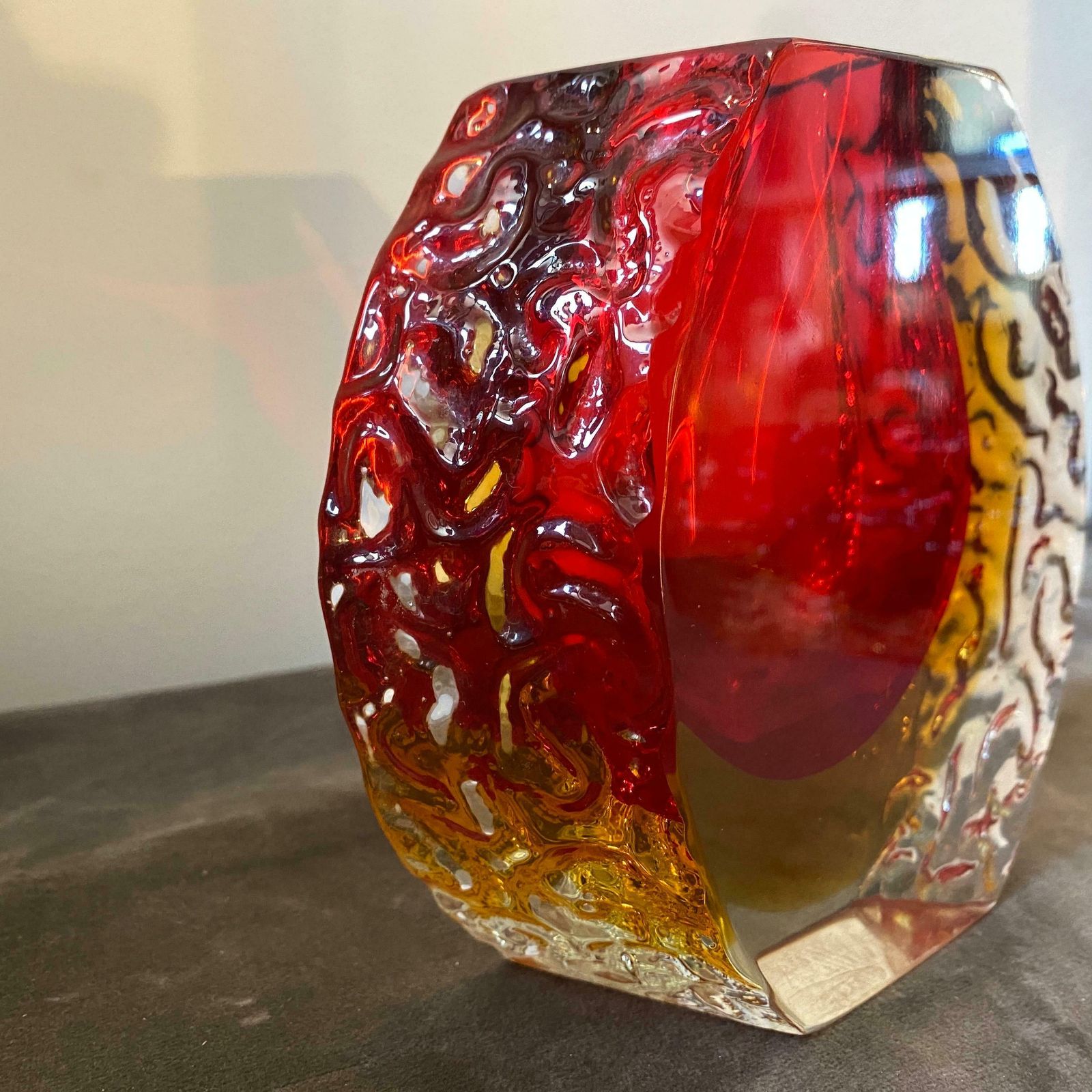 1960s Mandruzzato Mid Century Modern Red And Yellow Sommerso Murano Glass Vase photo vinterior