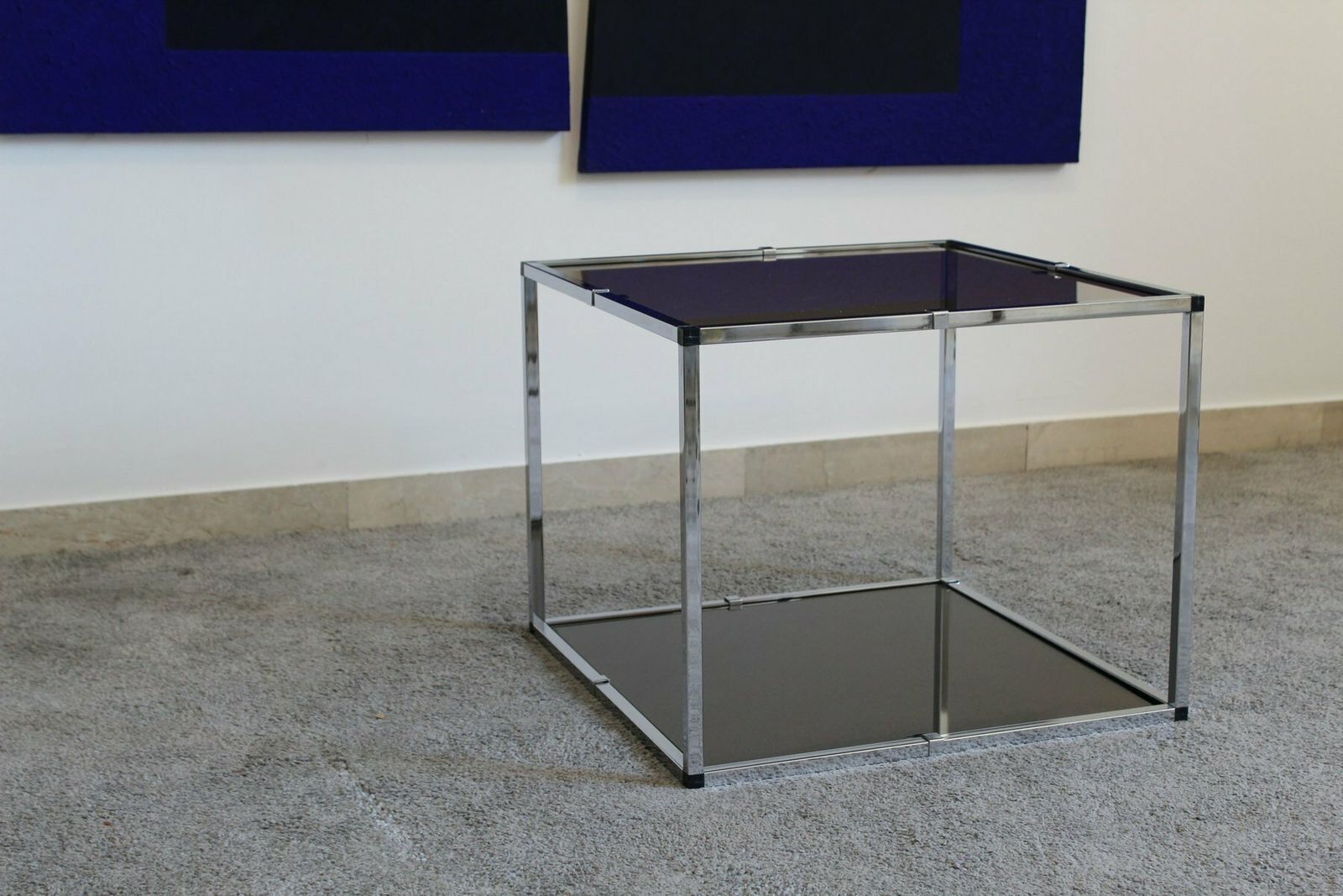 photo for sale Chromed Metal And Smoked Glass Tables, Italy, 1970s, Set Of 2