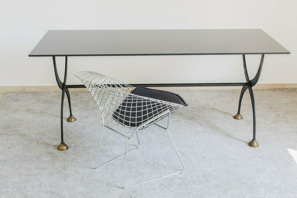 Dining Table In Wrought Iron And Black Lacquered Glass, Italy, 1970s photo buy