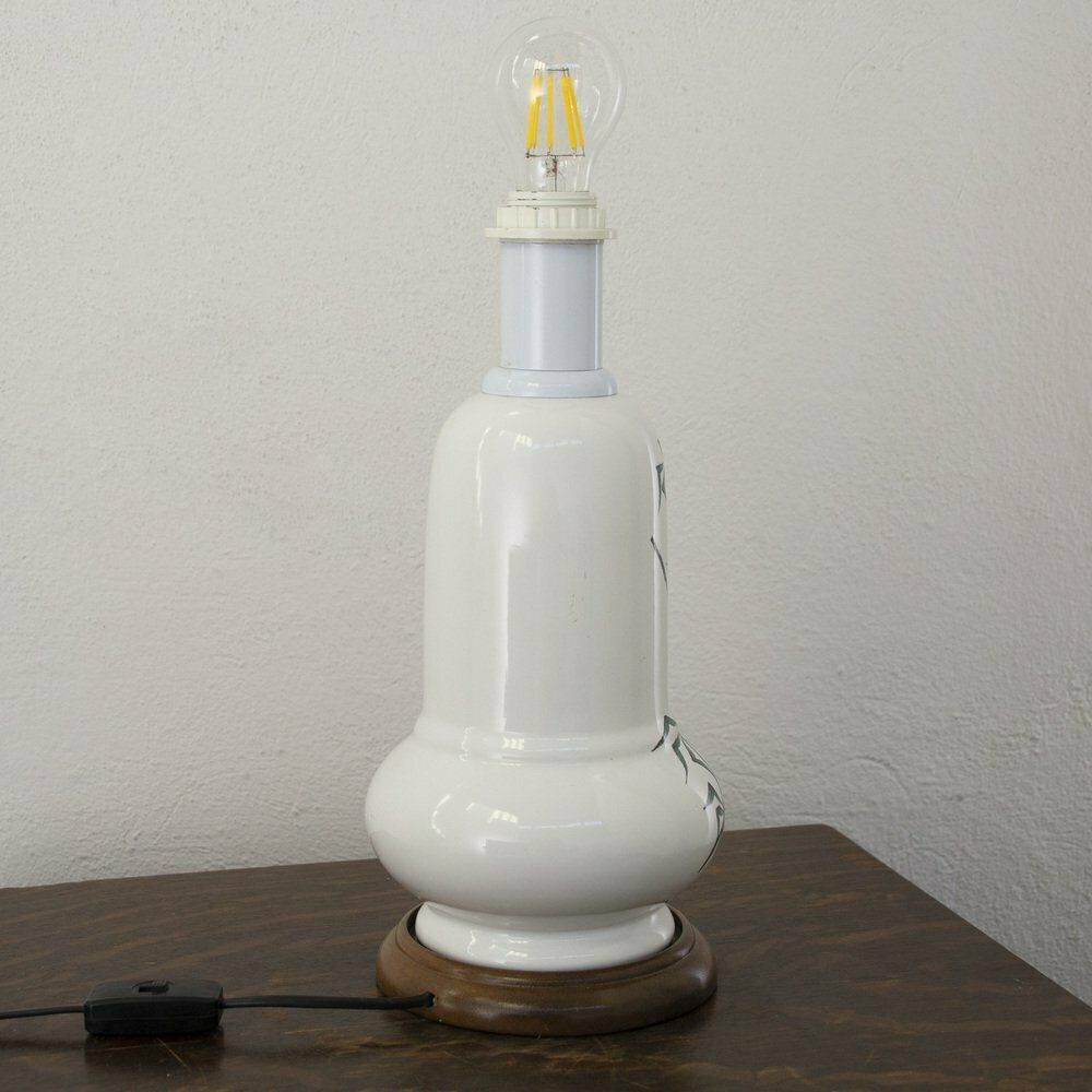 Vintage Table Lamp In Glossy White Ceramic With Hand Decorated Wooden Base, Italy, 1980s photo vintage