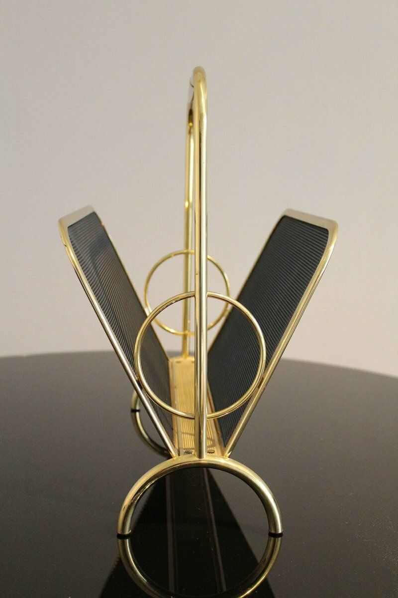 Magazine Rack In Brass And Black Lacquered Metal, Italy, 1970s photo furniture