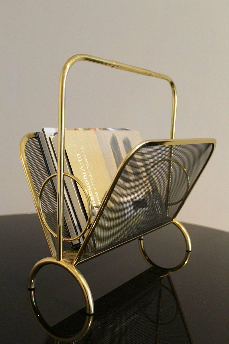 Magazine Rack In Brass And Black Lacquered Metal, Italy, 1970s photo for sale