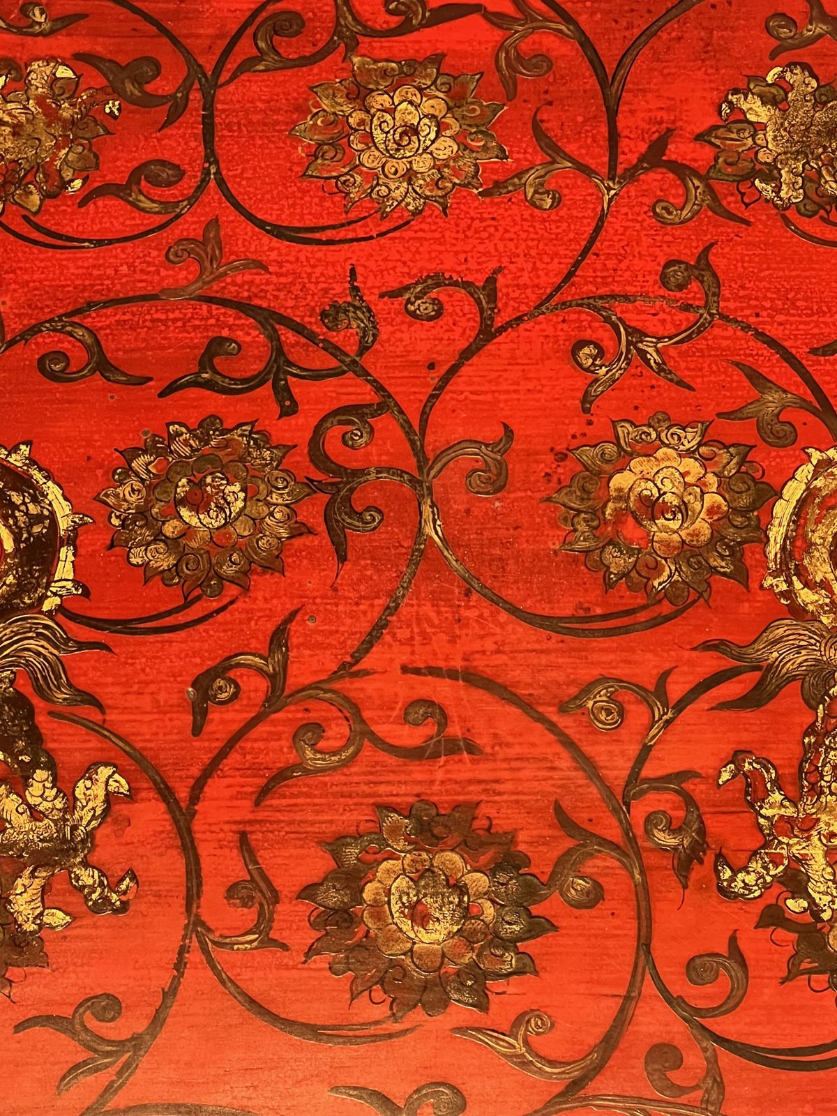 photo for sale Large Red Lacquered Lacquered Table With Gold Chinese Decor