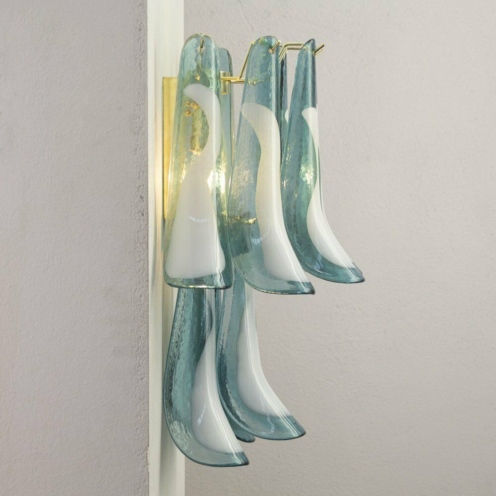 photo furniture Petal Wall Lamp In Blue Murano Glass With White Decoration, Italy, 1990s