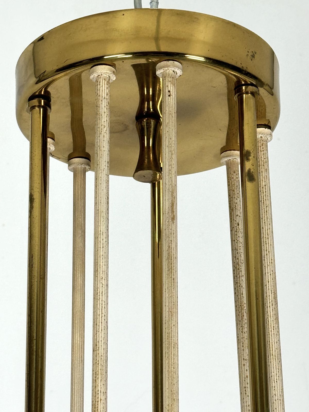 Mid Century Arredoluce Monza Brass And Six Opaline Glasses Chandelier. Italy 1950s photo furniture