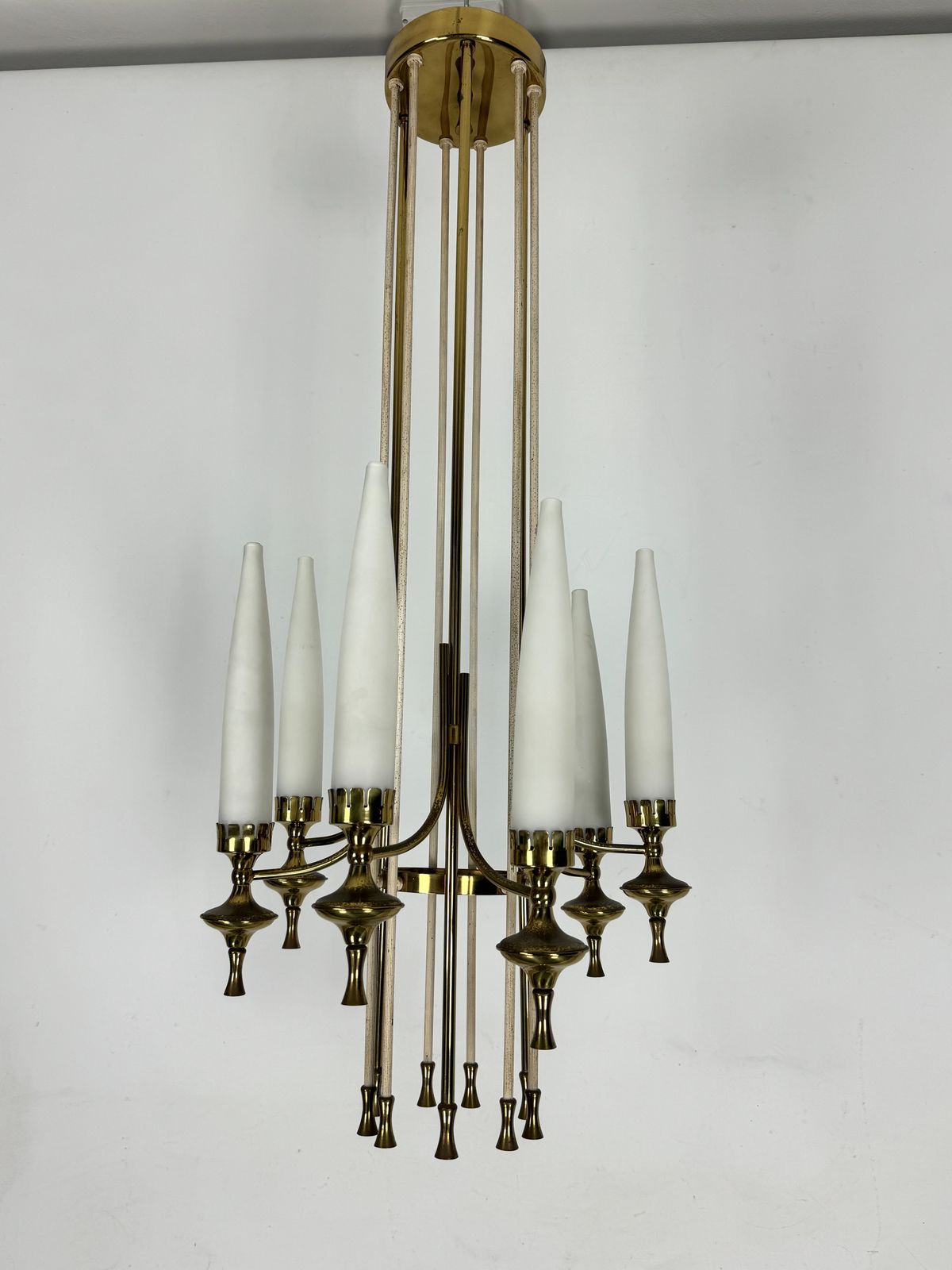 Mid Century Arredoluce Monza Brass And Six Opaline Glasses Chandelier. Italy 1950s photo for sale