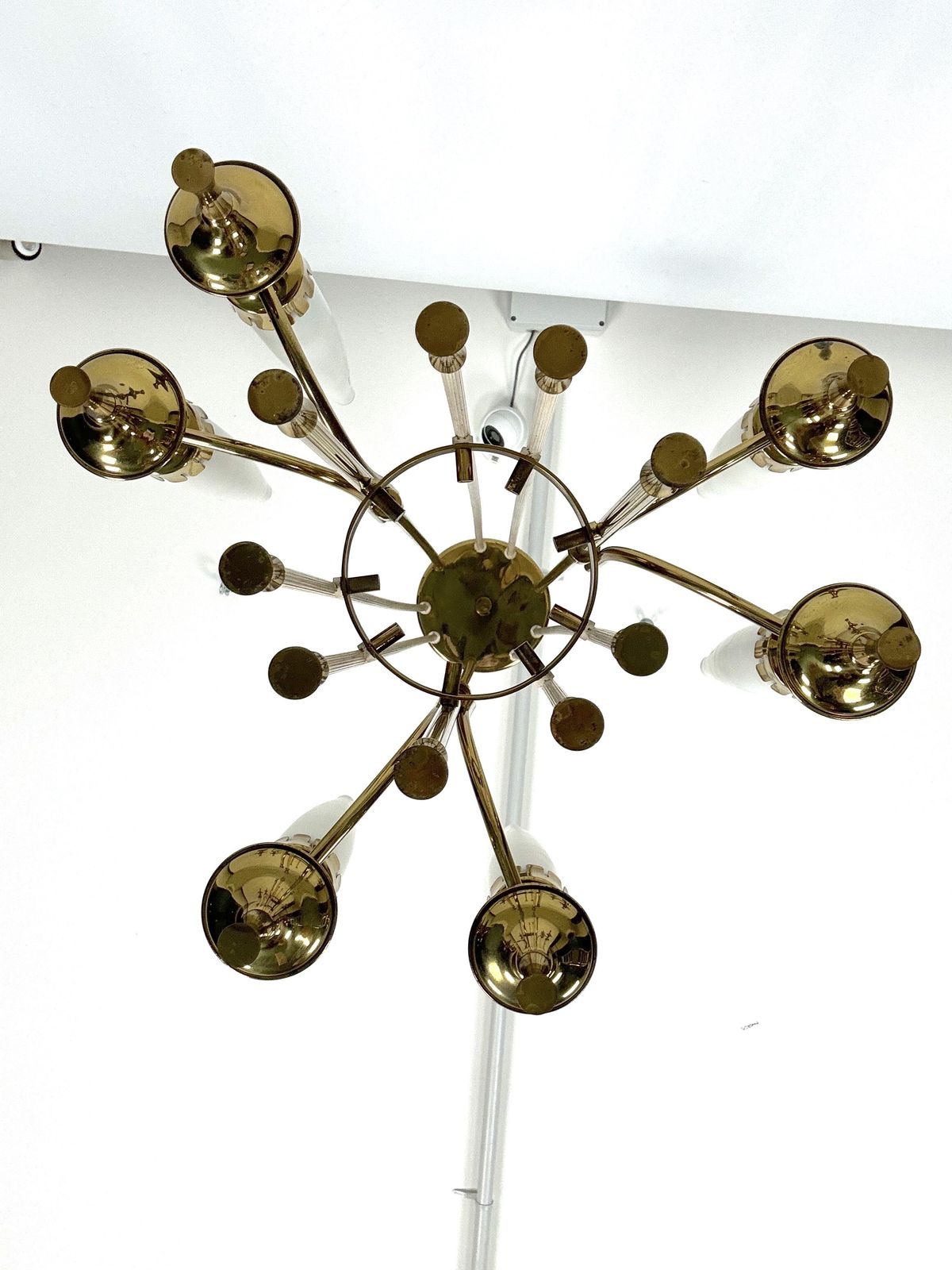 Mid Century Arredoluce Monza Brass And Six Opaline Glasses Chandelier. Italy 1950s photo Lighting