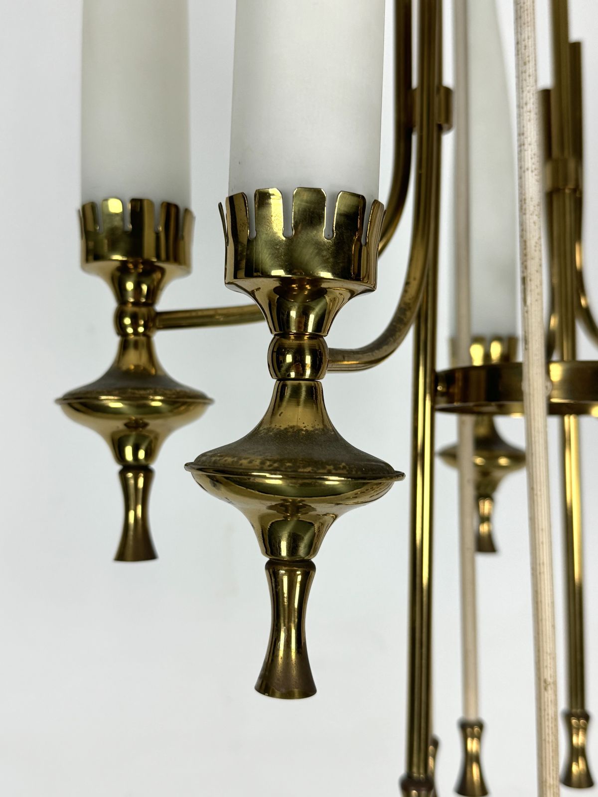 photo for sale Mid Century Arredoluce Monza Brass And Six Opaline Glasses Chandelier. Italy 1950s