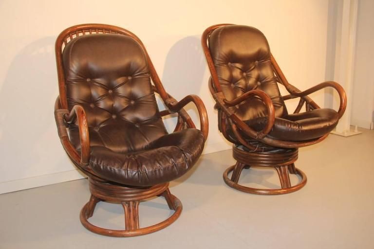 Bamboo And Leather Armchairs In 1960 Revolving photo for sale
