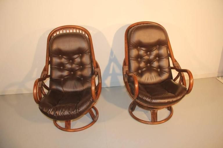 Bamboo And Leather Armchairs In 1960 Revolving photo Furniture