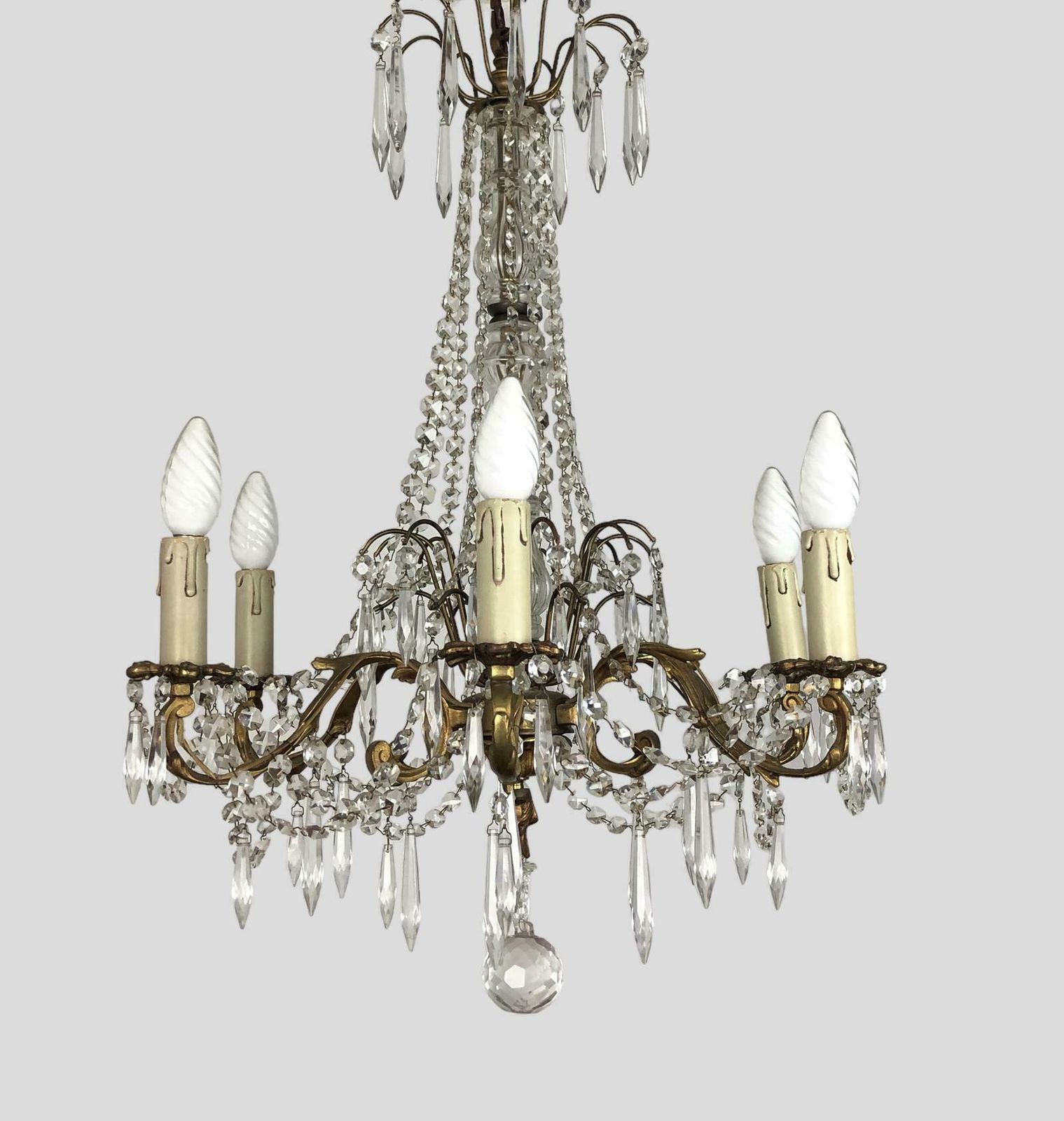Large Gilt Bronze 6 Arm Chandelier Crystal Droplets & Swags