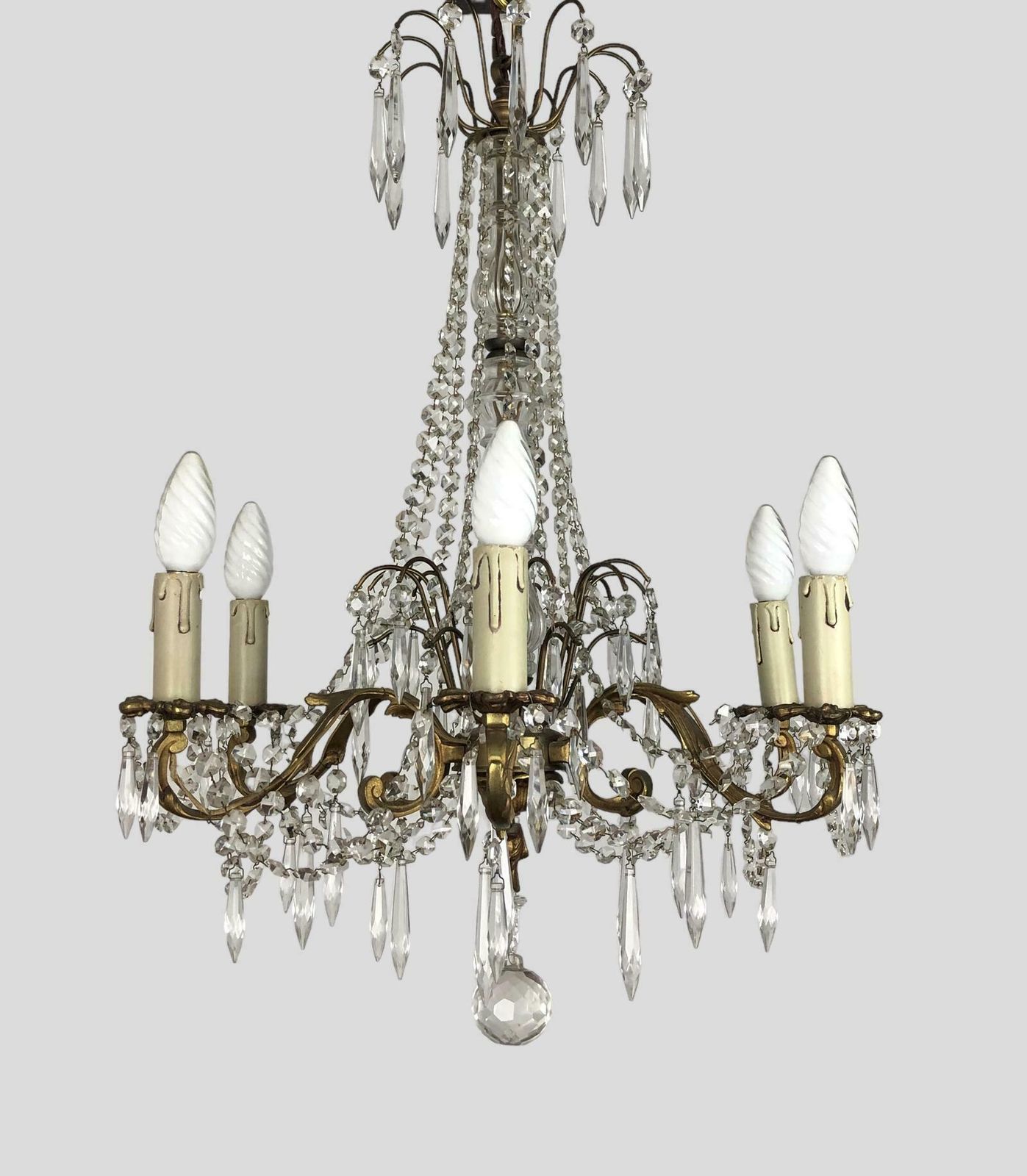 Large Gilt Bronze 6 Arm Chandelier Crystal Droplets & Swags photo furniture