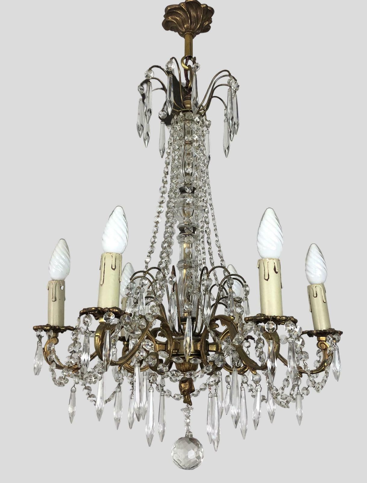 Large Gilt Bronze 6 Arm Chandelier Crystal Droplets & Swags photo Lighting
