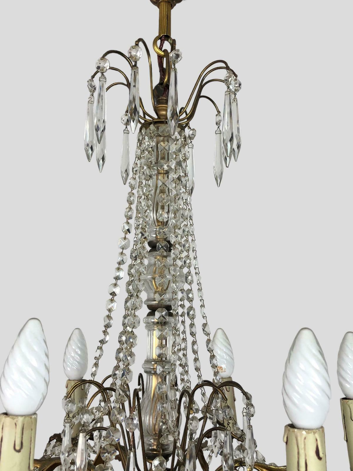Large Gilt Bronze 6 Arm Chandelier Crystal Droplets & Swags photo buy