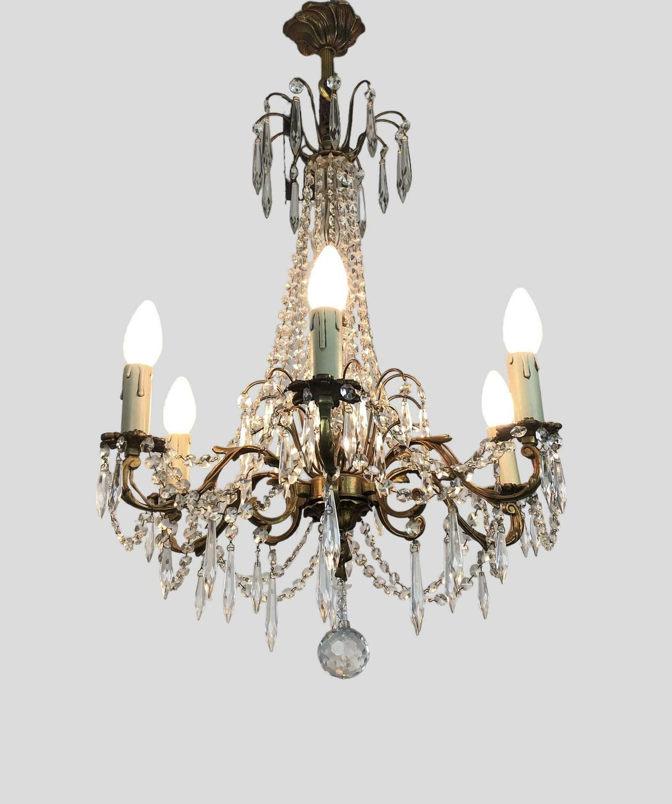 Lighting Large Gilt Bronze 6 Arm Chandelier Crystal Droplets & Swags photo