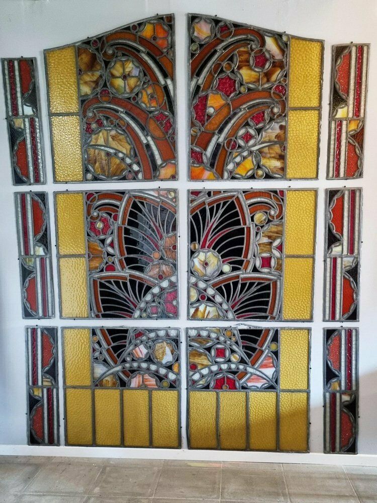 Large Art Deco Architectural Stained Glass Window Panels, 1920s, Set Of 12 photo vinterior