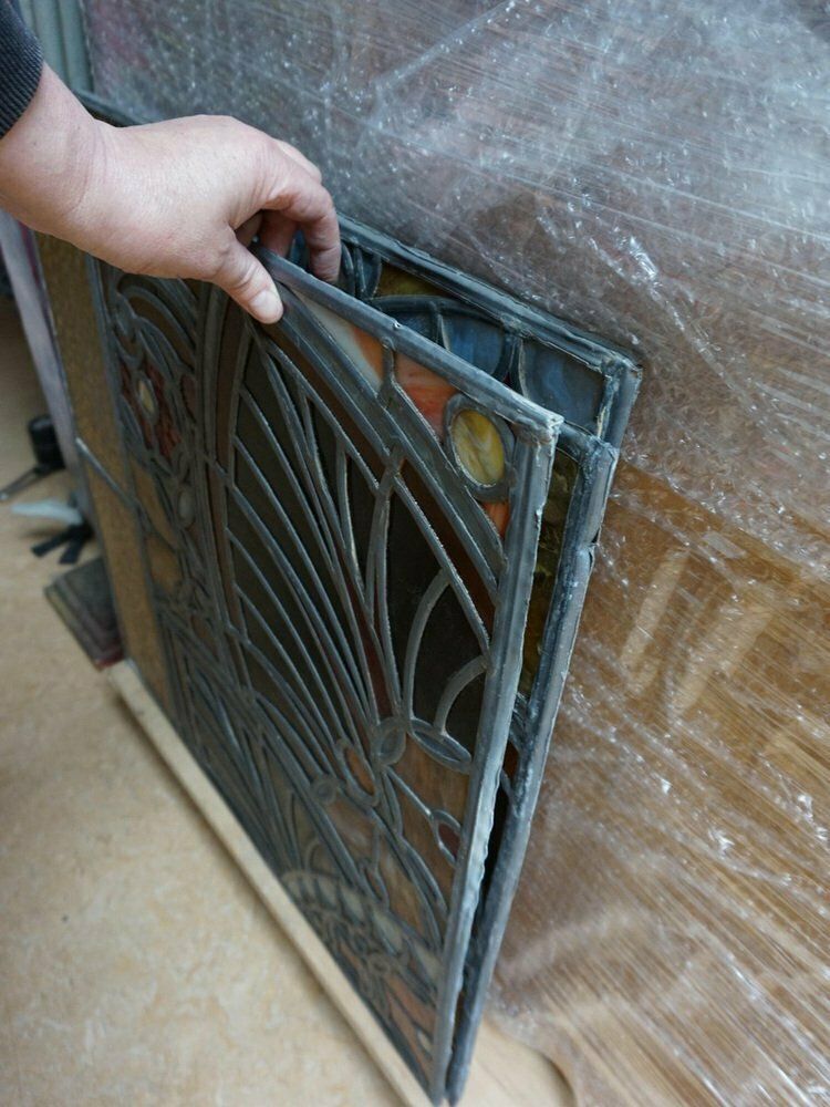 photo vintage Large Art Deco Architectural Stained Glass Window Panels, 1920s, Set Of 12
