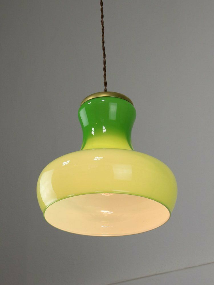 Large Mid Century Italian Brass And Glass Pendant Lamp photo for sale