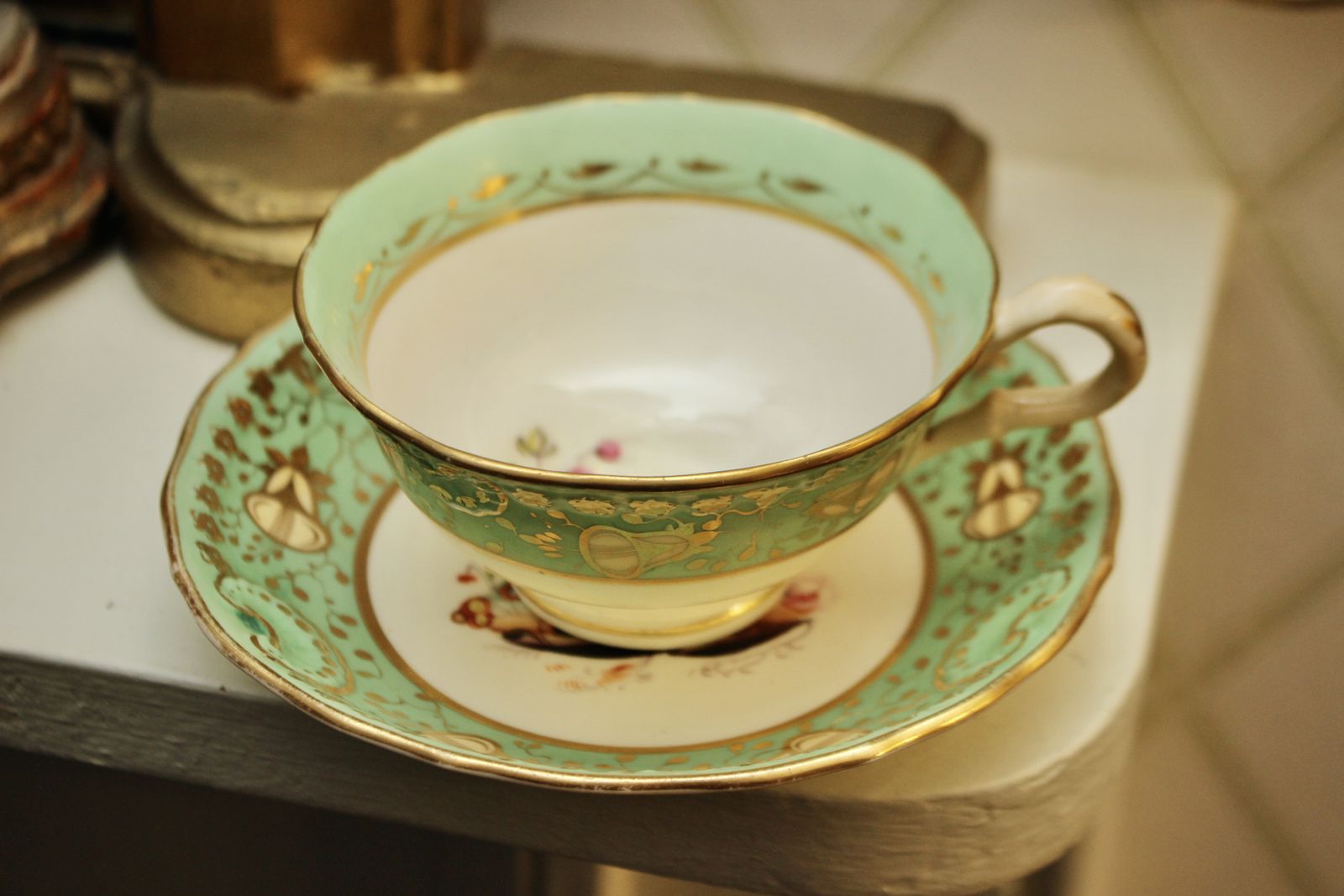 A Beautiful Early C19th Tea Cup And Saucer, Mint Green & Floral, Hand Painted photo 55.0