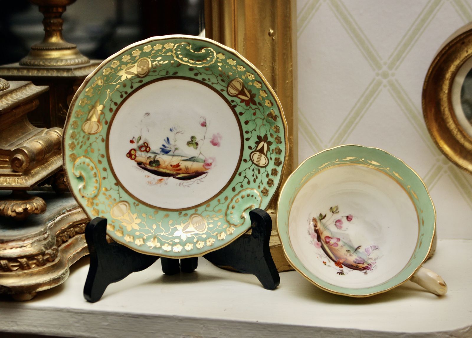A Beautiful Early C19th Tea Cup And Saucer, Mint Green & Floral, Hand Painted