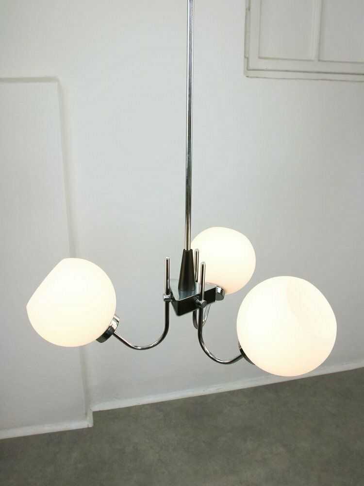 photo furniture Italian Chrome And Opaline Chandelier, 1970s