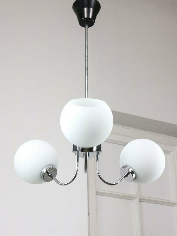 photo for sale Italian Chrome And Opaline Chandelier, 1970s
