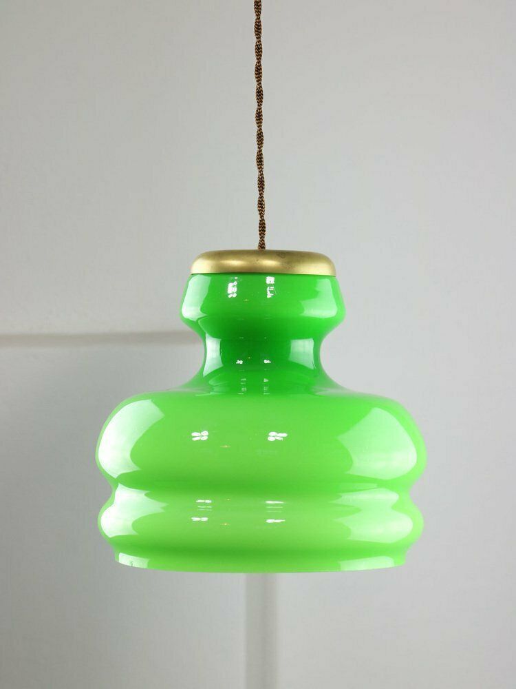 Mid Century Italian Green Brass And Glass Pendant Lamp